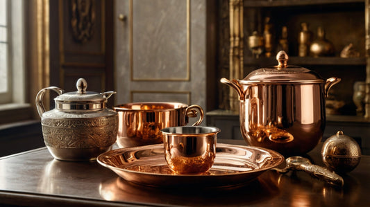 gleaming array of kitchenware, a copper cup, a silver pan, a silver pot, and a copper pot