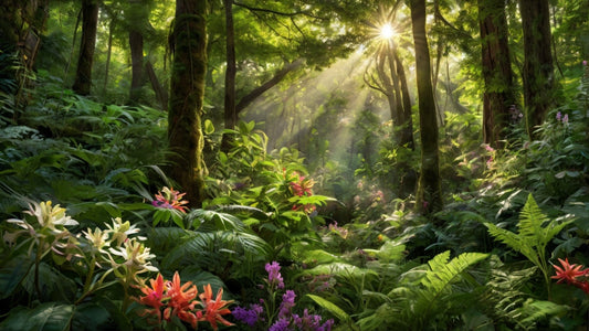 A lush forest scene with vibrant green foliage and dappled sunlight