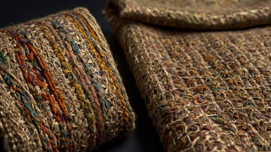 A luxuriously woven hemp textile, rich in earthy tones and intricate patterns