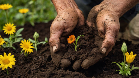hands coated in rich, dark soil reach down to nurture vibrant, flourishing plants