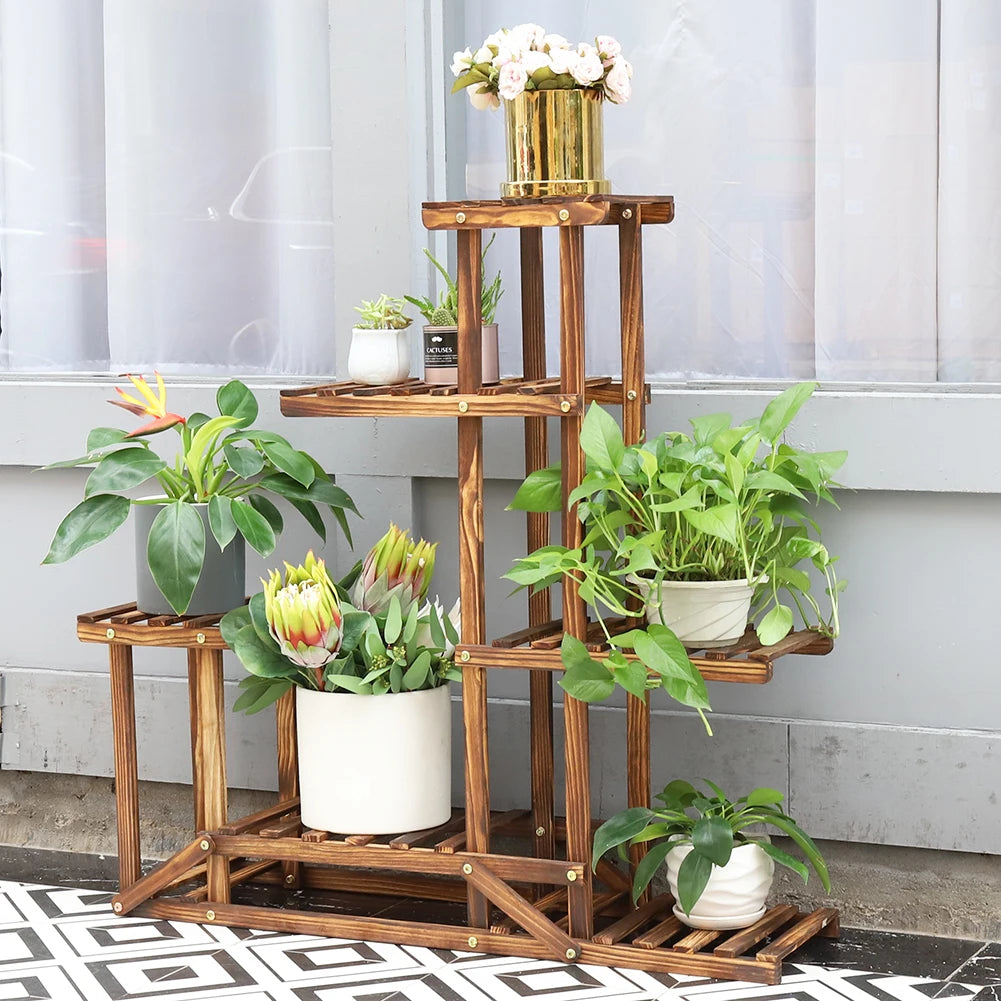 VelesRealm™ 6-stufiger Pflanzenständer – Holzdisplay für mehrere Pflanzen