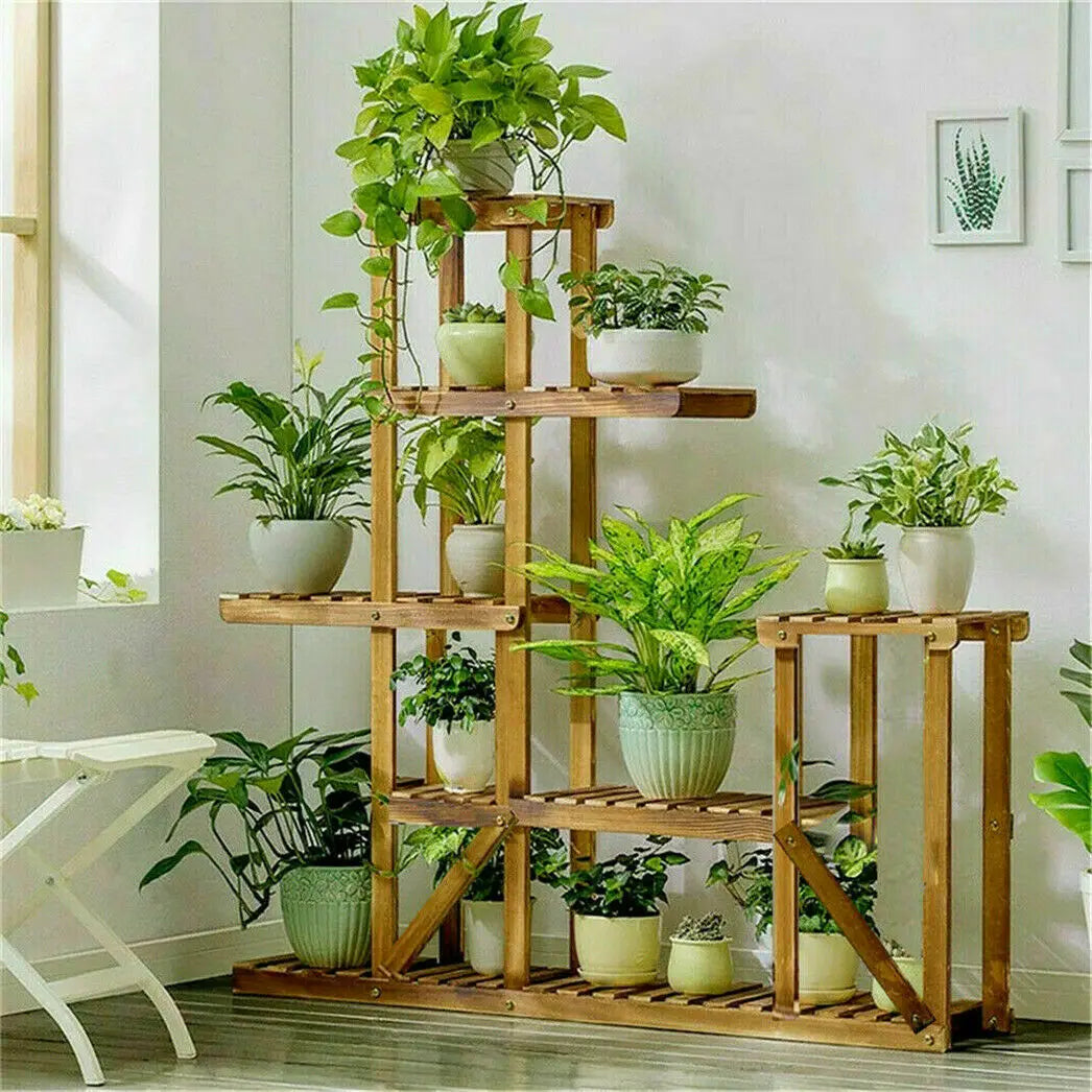 VelesRealm™ 6-stufiger Pflanzenständer – Holzdisplay für mehrere Pflanzen
