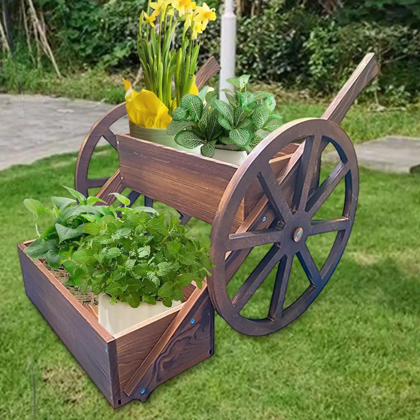 VelesRealm™ Pflanzwagen aus Holz – Rustikaler Blumenwagen