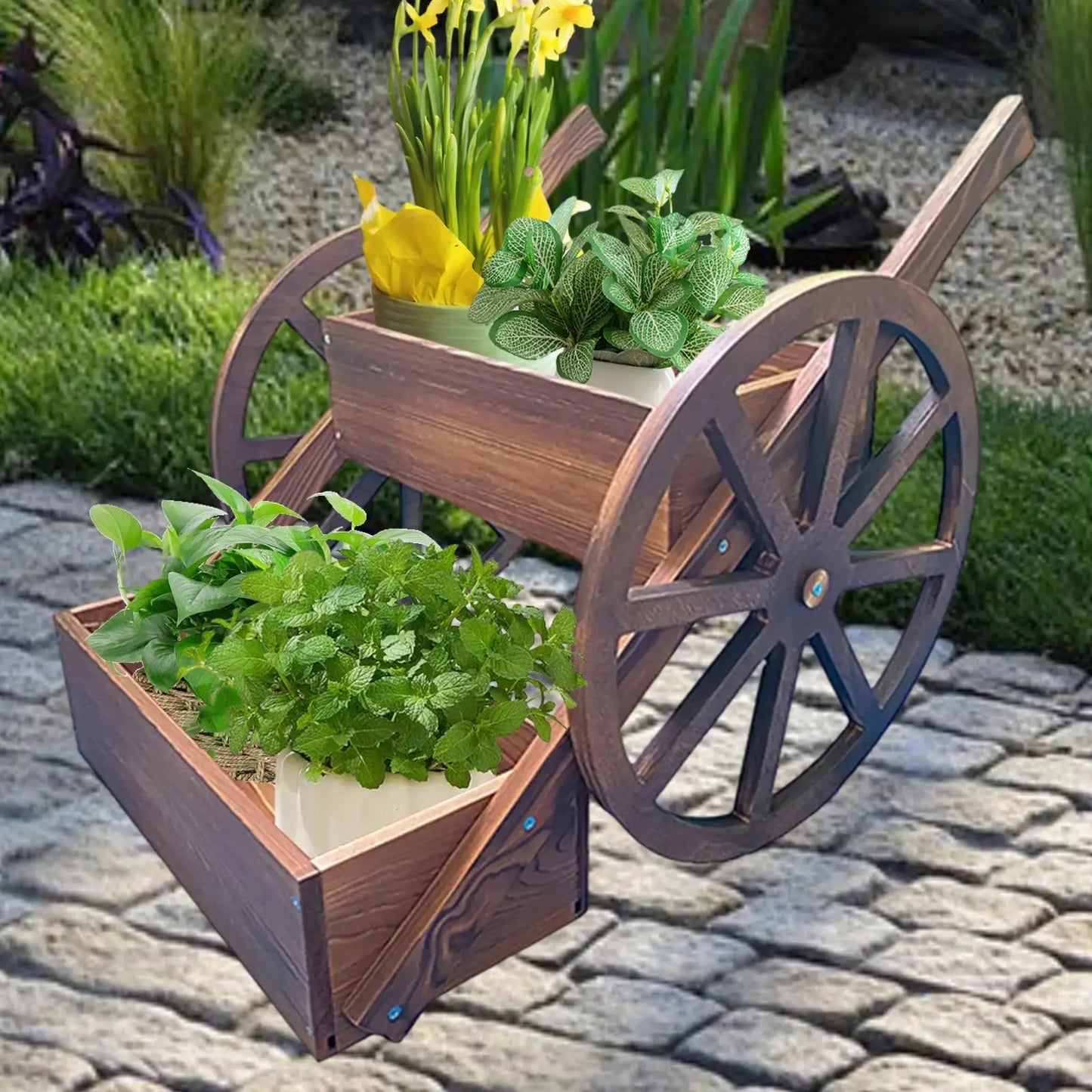 VelesRealm™ Pflanzwagen aus Holz – Rustikaler Blumenwagen