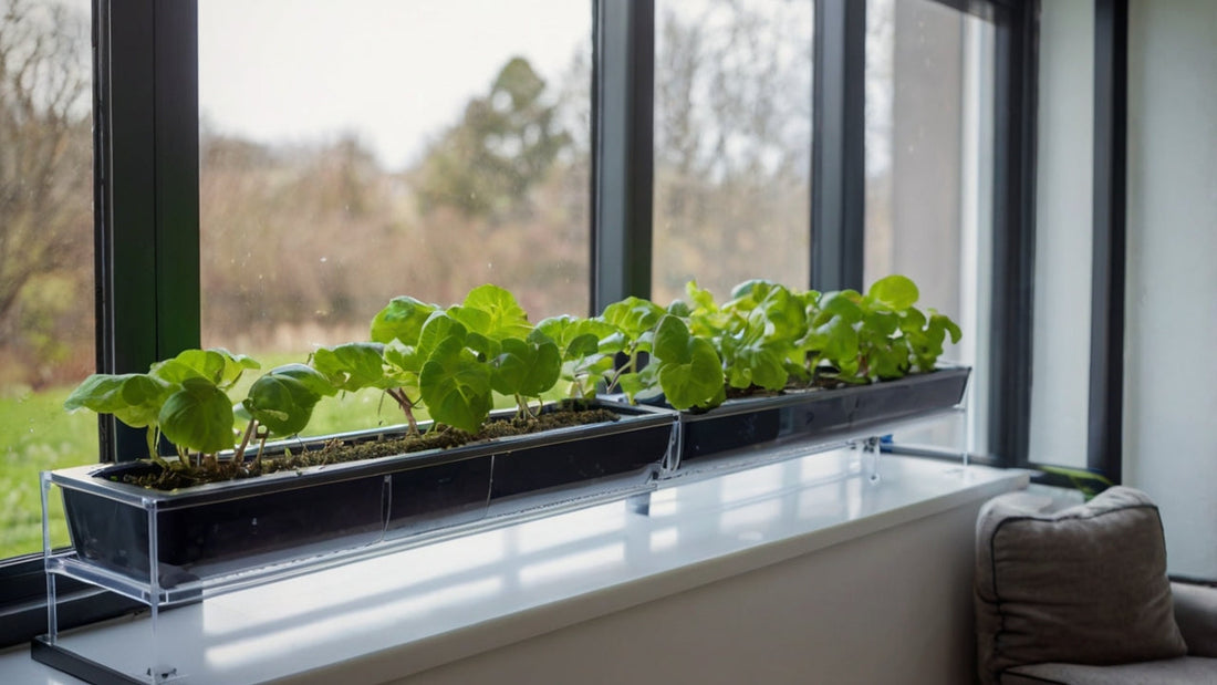 A tiny hydroponic in-home farm, standing on the window sill.