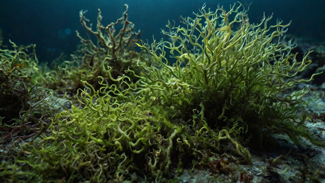 elegantly decaying underwater scene, the Irish Sea Moss shimmers with a mix of vibrant greens and deep blues