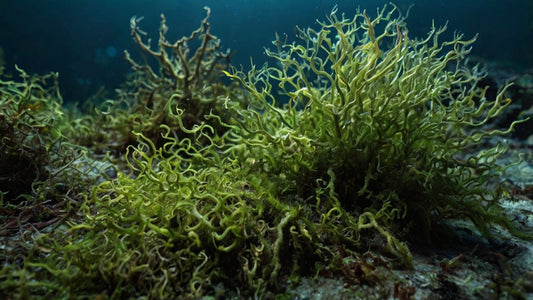 elegantly decaying underwater scene, the Irish Sea Moss shimmers with a mix of vibrant greens and deep blues