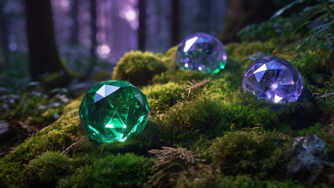 crystals arranged in a sacred geometry grid on moss-covered forest floor