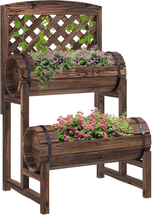 VelesRealm™ 2-stufiger Pflanzkübel aus Holz – Drainage, Gitter und Zylinder