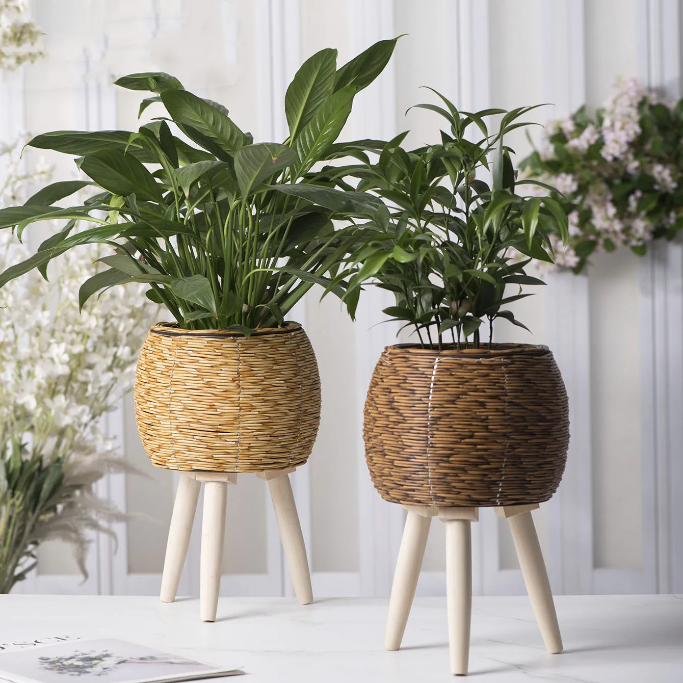VelesRealm™ Rattan-Pflanzgefäß – Rustikale Holzbeine, Innenkorb